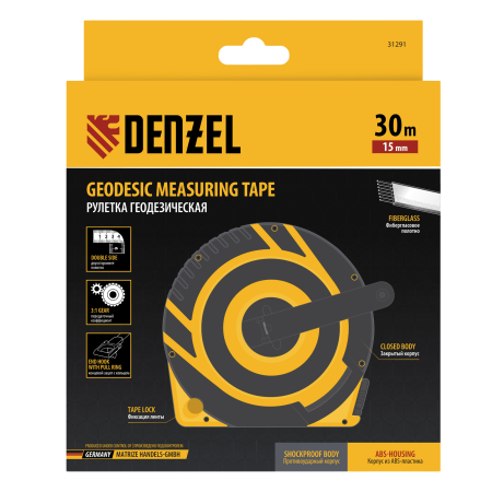 Рулетка геодезическая DENZEL 30 м х 15 мм, закрытый корпус, фиберглассовая лента