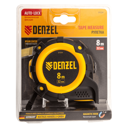 Рулетка DENZEL 31524 8м х 32мм, автоматич. фиксац., нейлон. покрытие, магнит. зацеп, двухстор. разметка