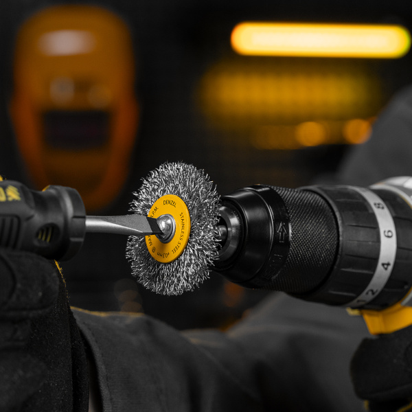 Набор щеток для дрели DENZEL, 5 Плоских 25-38-50-63-75 мм, шпилька, нерж. вит. проволока