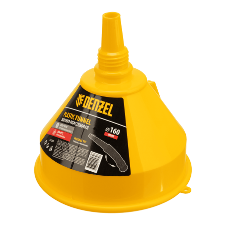 Воронка пластиковая DENZEL 160 мм с металлическим ситом, непроливайкой и гибким наконечником