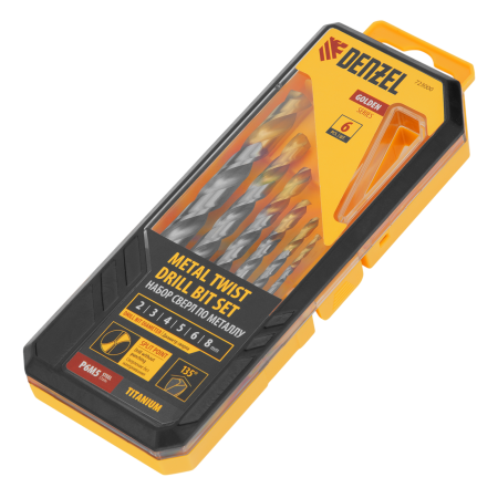 Набор сверл по металлу DENZEL, 2-8 мм, Р6М5-TiN, Golden Tip, 6 шт
