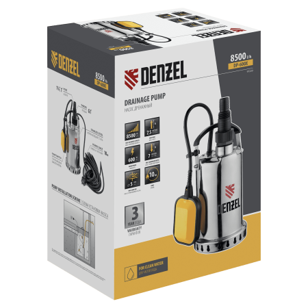 Дренажный насос DENZEL DP600X, 600 Вт, высота подъема 7.5 м, 8500 л/ч