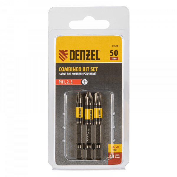 Набор бит комбинированный DENZEL 3 шт., РН1, РН2, РН3, 50 мм, сталь S2