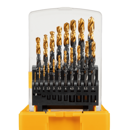 Набор сверл по металлу DENZEL 1-10 мм, HSS-Tin, Golden Tip, 19 шт