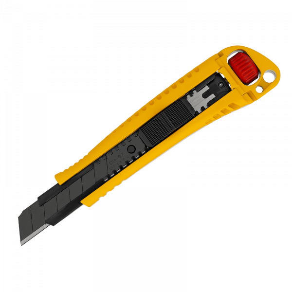 Нож DENZEL 18 мм, сменное лезвие, SK4, корпус из цинкового сплава + TPR, торцевой зажим