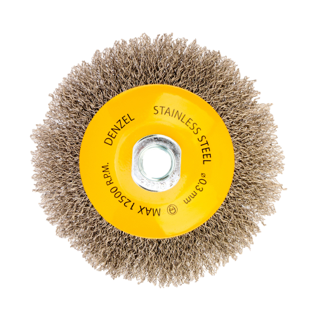 Щетка для УШМ DENZEL 746163, 125 мм, «тарелка», витая нержавеющая проволока 0.3 мм, М14