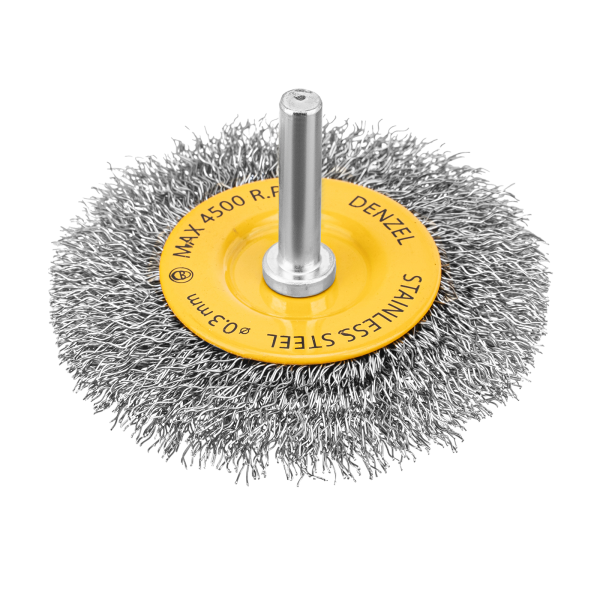 Щетка для дрели DENZEL, 75 мм, Плоская, со шпилькой, нержавеющая витая проволока