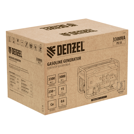 Генератор бензиновый DENZEL PS 33, 3.3 кВт, 230 В, 15 л, ручной старт