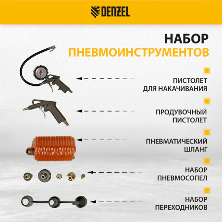 Компрессор воздушный DENZEL L1300, 10 бар, 1,3 кВт 180 л/мин 5 л, с набором аксессуаров