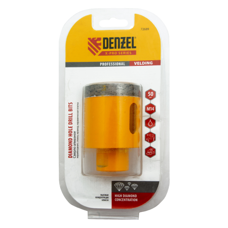 Сверло алмазное по керамограниту DENZEL 72689, 50 мм, М14, мокрая резка