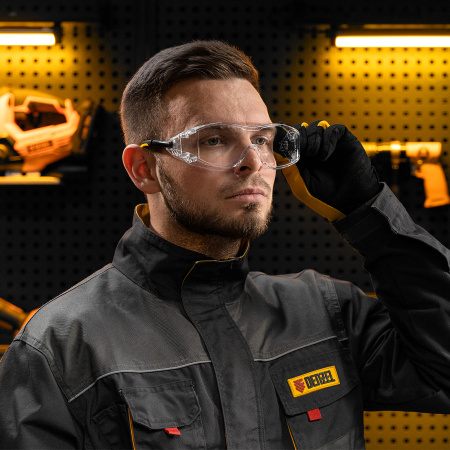 Очки защитные открытые DENZEL поликарбонатные, увеличенная прозрачная линза,  регулируемые дужки