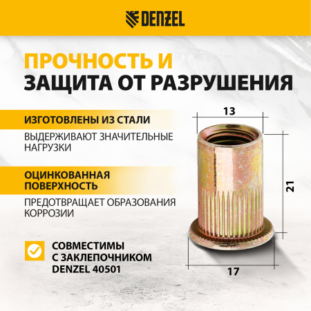 Заклепки резьбовые DENZEL стальные, оцинкованные, М10, пластиковый кейс, 35 шт.