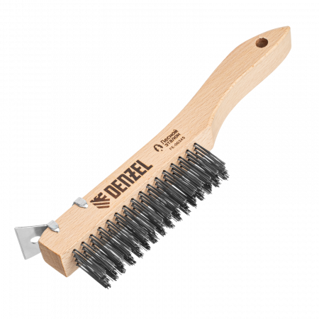 Щетка зачистная 4-х рядная DENZEL, проволока из нержавеющей стали с деревянной ручкой скребок, EFP