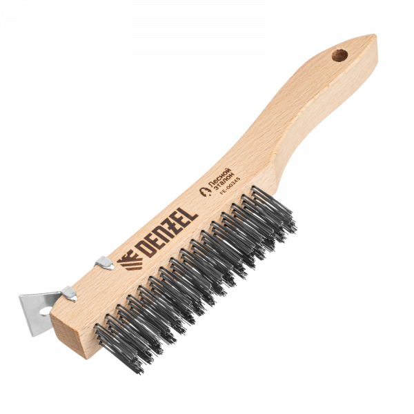 Щетка зачистная 4-х рядная DENZEL, проволока из нержавеющей стали с деревянной ручкой скребок, EFP