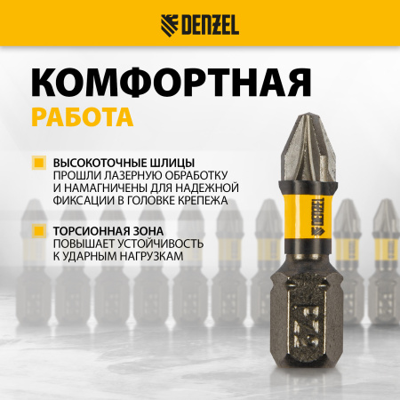 Бита DENZEL IMPACT, PZ2x25 мм, лазерная обработка шлица, сталь S2, 10 шт., Е 6,3