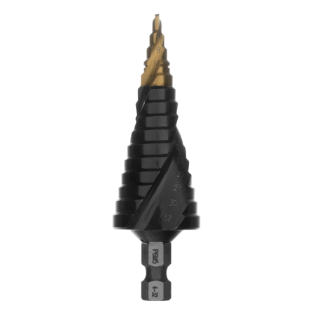 Сверло ступенчатое DENZEL, 4-6-8-10-12-14-16-18-20-22-24-26-28-30-32 мм, Р6М5, 6-гр. хвостовик