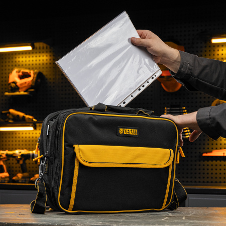 Сумка для инструмента DENZEL 400х170х300 мм, 3 отделения, 28 карманов, наплечный ремень