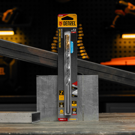 Сверло спиральное по металлу DENZEL 12 x 205 мм, Р6М5, Golden Tip, удлиненное