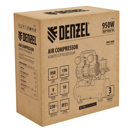Компрессор безмасл. малошумный DENZEL DLP-950/10, 950Вт,10 л, 2850 об/мин, 170 л/мин Компрессор безмасл. малошумный DENZEL DLP-950/10, 950Вт,10 л, 2850 об/мин, 170 л/мин