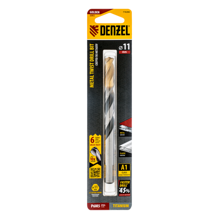 Сверло спиральное по металлу DENZEL 11 x 142 мм, Р6М5, Golden Tip, многогранная заточка