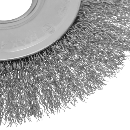 Щетка для УШМ DENZEL 746563, 125 мм, «плоская», витая нержавеющая проволока 0.3 мм, посадка 22.2 мм