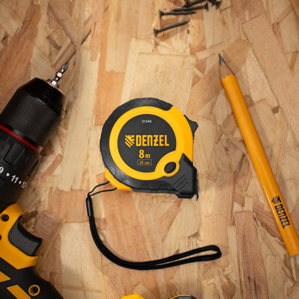 Рулетка DENZEL 8м х 25мм, двухкомп. корпус, кнопка-пауза