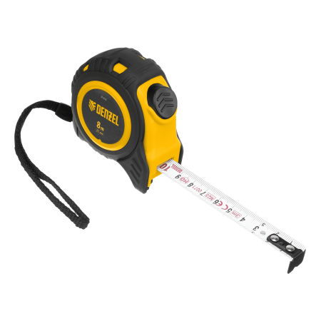 Рулетка DENZEL 8м х 25мм, обрезиненный корпус, автоматическая фиксация