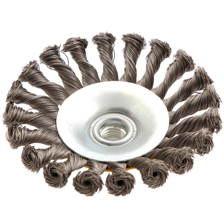 Щетка для УШМ DENZEL 746113, 125 мм, «тарелка», крученая нержавеющая проволока 0.5 мм, М14