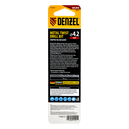 Сверло спиральное по металлу DENZEL 4,2 x 75 мм, Р6М5, Golden Tip, многогранная заточка