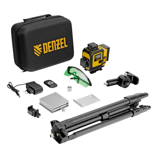 Лазерный уровень мультипризменный DENZEL DLV 360-4T, 30 м, зеленый луч, Li-Ion 2,4 Aч, штатив