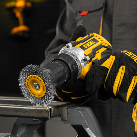 Щетка для дрели DENZEL, 75 мм, Плоская, со шпилькой, нержавеющая витая проволока