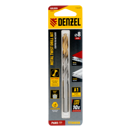 Сверло спиральное по металлу DENZEL 8 x 117 мм, Р6М5, Golden Tip