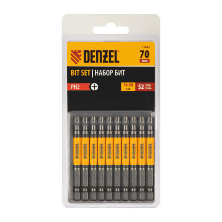 Бита DENZEL PH2х70, сталь S2, цилиндр., 10 шт. Е 6,3