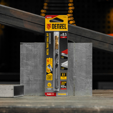 Сверло спиральное по металлу DENZEL 8,5 x 117 мм, Р6М5, Golden Tip, многогранная заточка