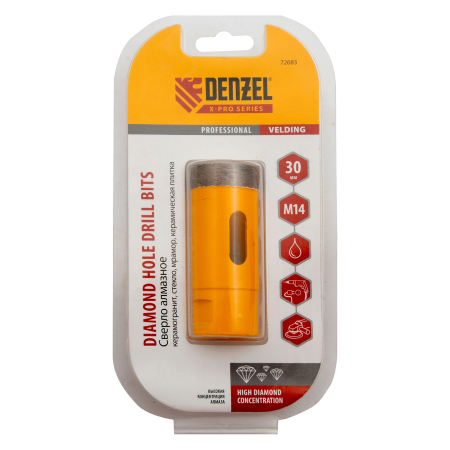 Сверло алмазное по керамограниту DENZEL 72683, 30 мм, М14, мокрая резка