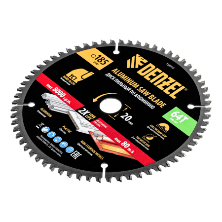 Пильный диск по алюминию DENZEL ф185 х 20 мм, 64 зубьев