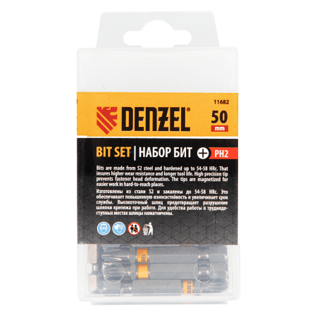 Бита DENZEL PH2х50, сталь S2, 30 шт., шестигранный профиль, пластиковая коробка, Е 6,3