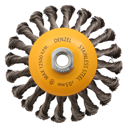 Щетка для УШМ DENZEL 746113, 125 мм, «тарелка», крученая нержавеющая проволока 0.5 мм, М14
