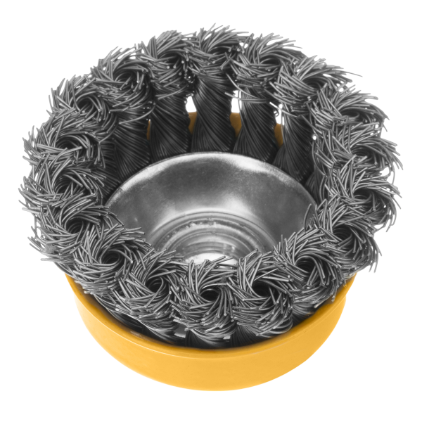 Щетка для УШМ DENZEL 746243, 75 мм, «чашка», крученая нержавеющая проволока 0.5 мм, М14