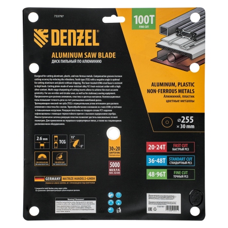 Пильный диск по алюминию DENZEL ф255 х 30 мм, 100 зубьев