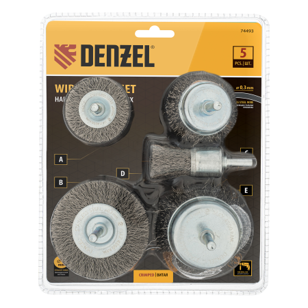 Набор щеток для дрели DENZEL, 2 Плоские 50-75мм, 3 Чашки 25-50-75мм, шпилька,  нерж.вит. проволока