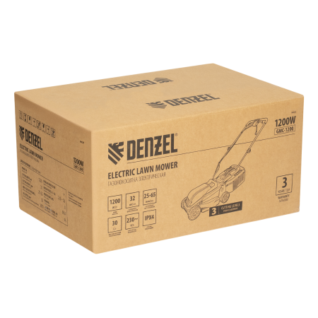 Газонокосилка электрическая DENZEL GMC-1200, шир.,32см, 1200 Вт, 3 уров., травосб. 30 л