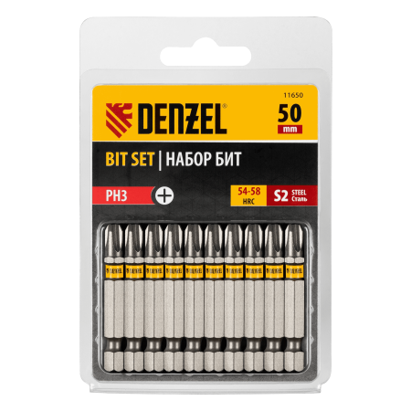 Бита DENZEL PH3х50, сталь S2, шестигранный профиль, 10 шт. Е 6,3