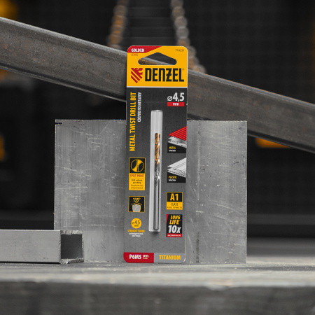 Сверло спиральное по металлу DENZEL 4,5 x 80 мм, Р6М5, Golden Tip