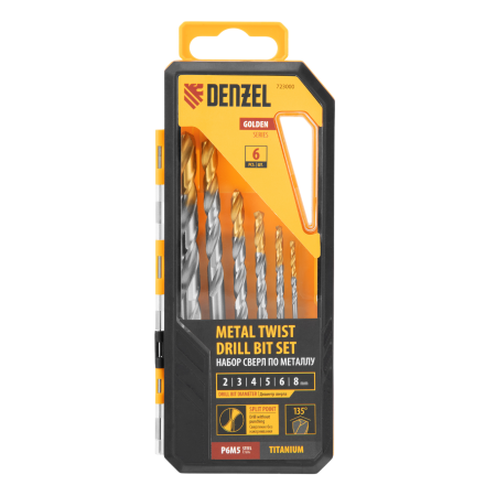 Набор сверл по металлу DENZEL, 2-8 мм, Р6М5-TiN, Golden Tip, 6 шт
