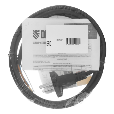 Шнур сетевой Energy Series DENZEL, ПВС, 1,5 м, 2 x 1 мм, с неразборной вилкой, черный