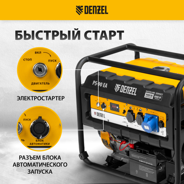 Генератор бензиновый DENZEL PS 90 EA, 9.0 кВт, 230В, 25 л, электростартер
