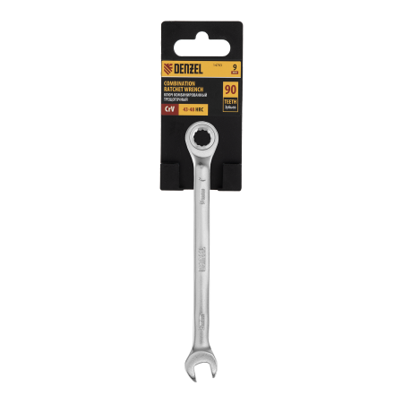 Ключ комбинированный трещоточный DENZEL, 9 мм, CrV, матовый хром