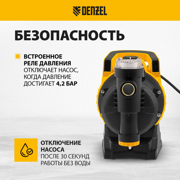 Насос садовый поверхностный DENZEL GP1100SS, 1100 Вт, 4000 л/ч, подъем 45 м, пластик