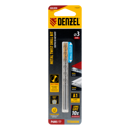 Сверло спиральное по металлу DENZEL 3 х 100 мм, Р6М5, Golden Tip, удлиненное, 2шт.